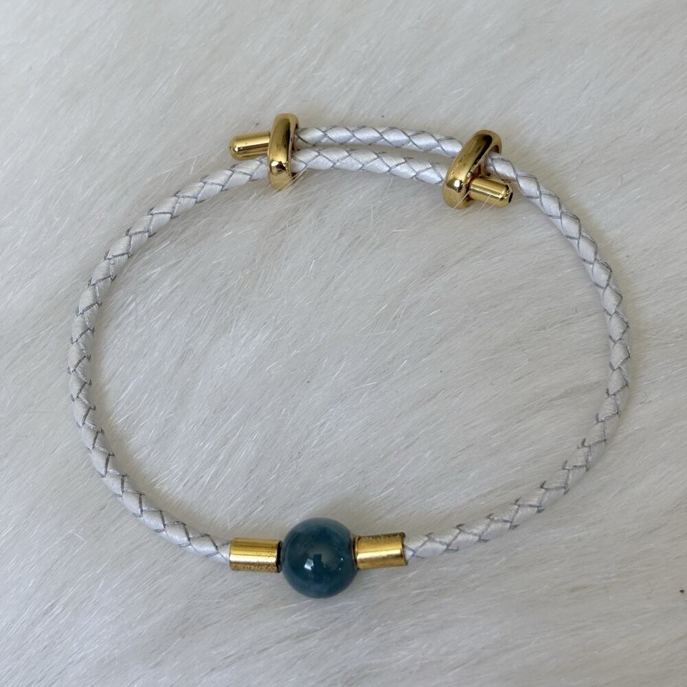 White Leather Braided Bracelet Green Bead Gold Tone Adjustable Jewelry